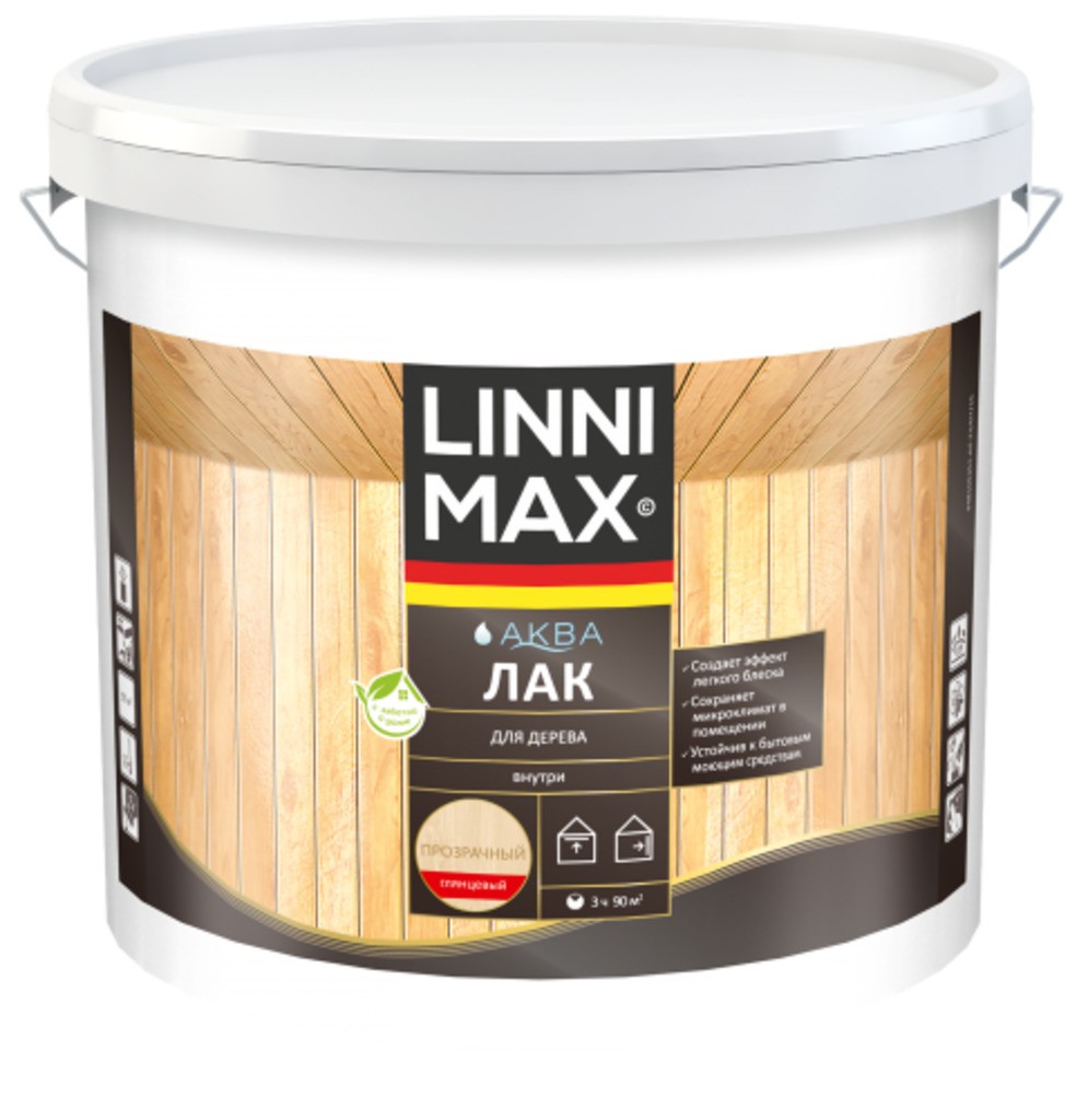 Лак акриловый LINNIMAX Аква Лак для дерева глянцевый 9 л
