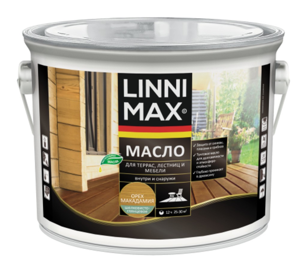 Средство защитно-декоративное для древесины LINNIMAX Масло для террас, лестниц и мебели орех макадамия 2,5 л