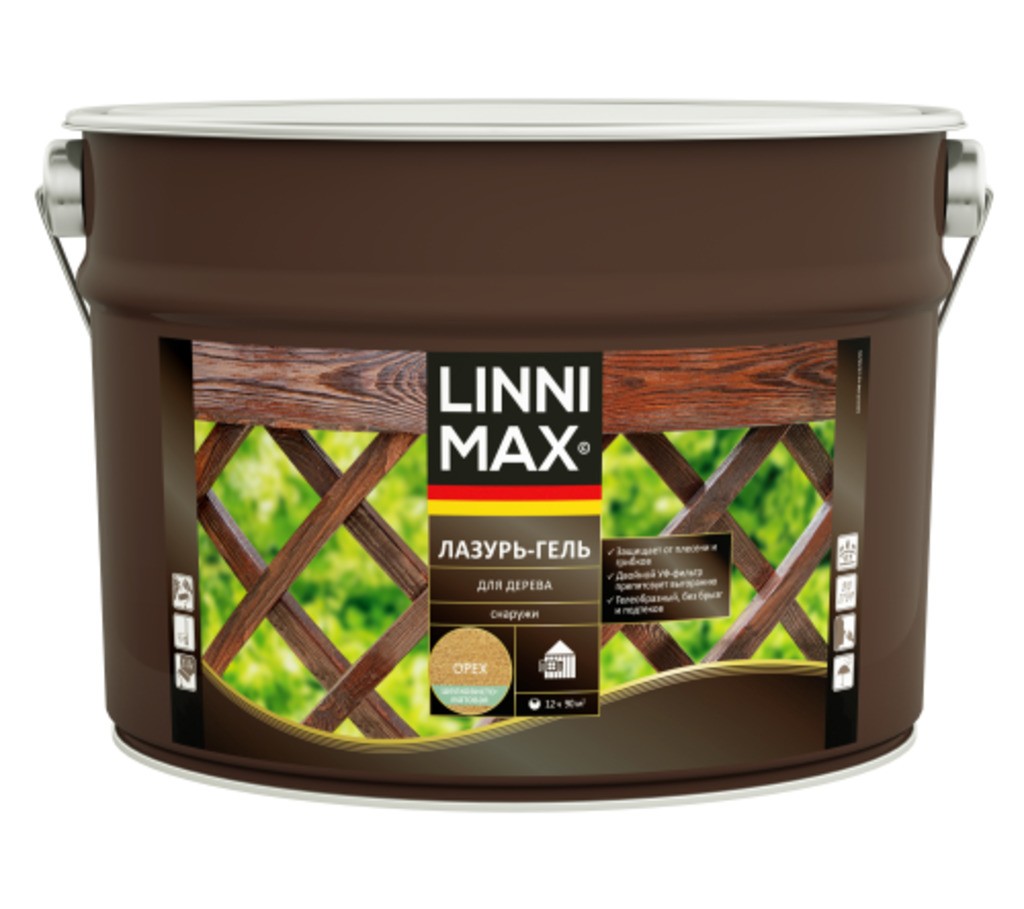 Лессирующий антисептик LINNIMAX Лазурь-гель для дерева Орех 9 л