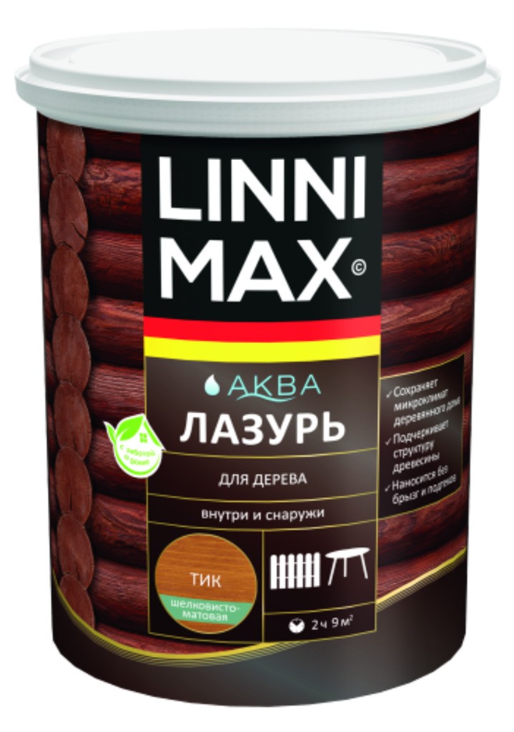 Лессирующий антисептик LINNIMAX Аква Лазурь для дерева Тик 0,9 л