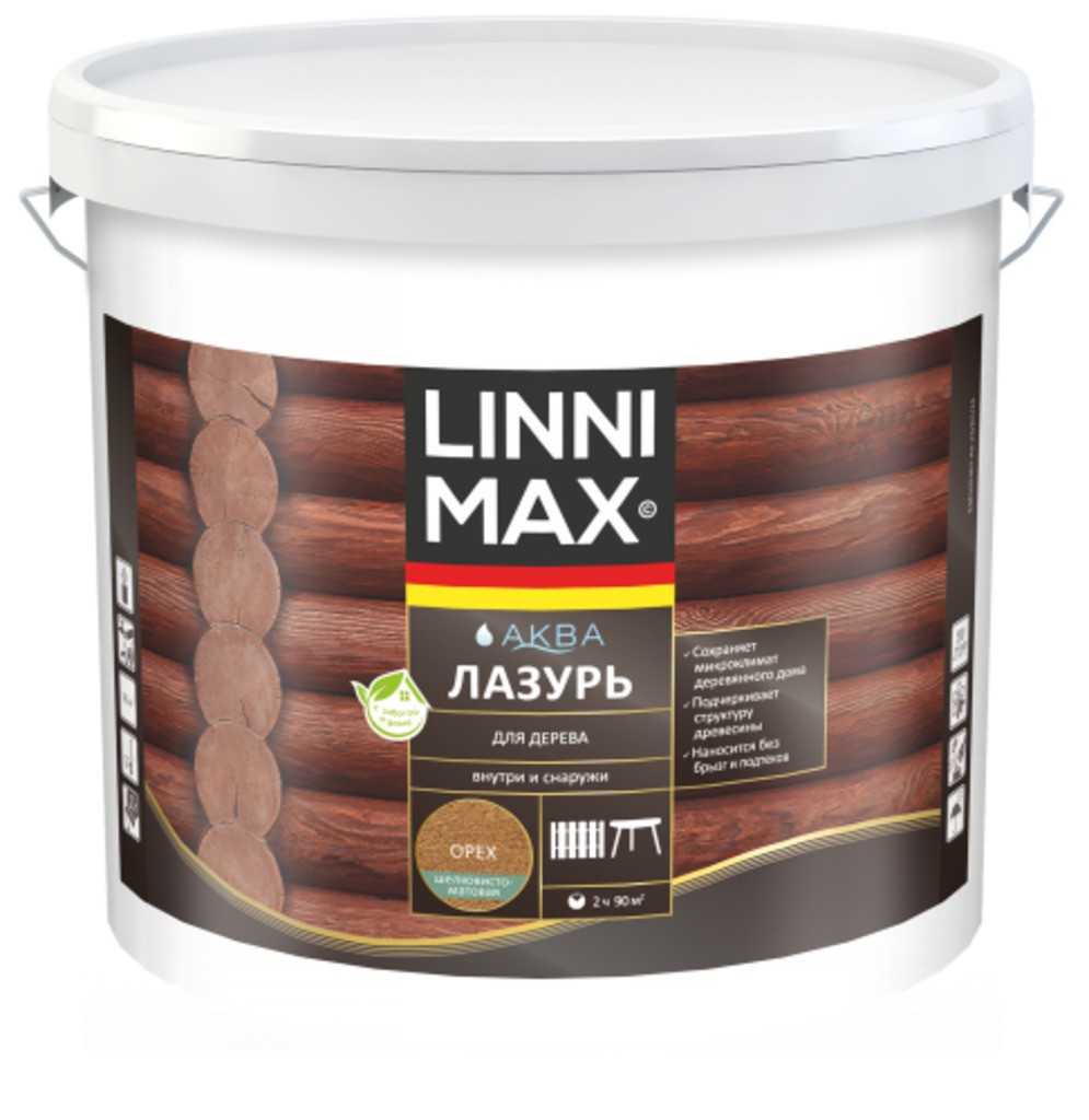 Лессирующий антисептик LINNIMAX Аква Лазурь для дерева Орех 9 л
